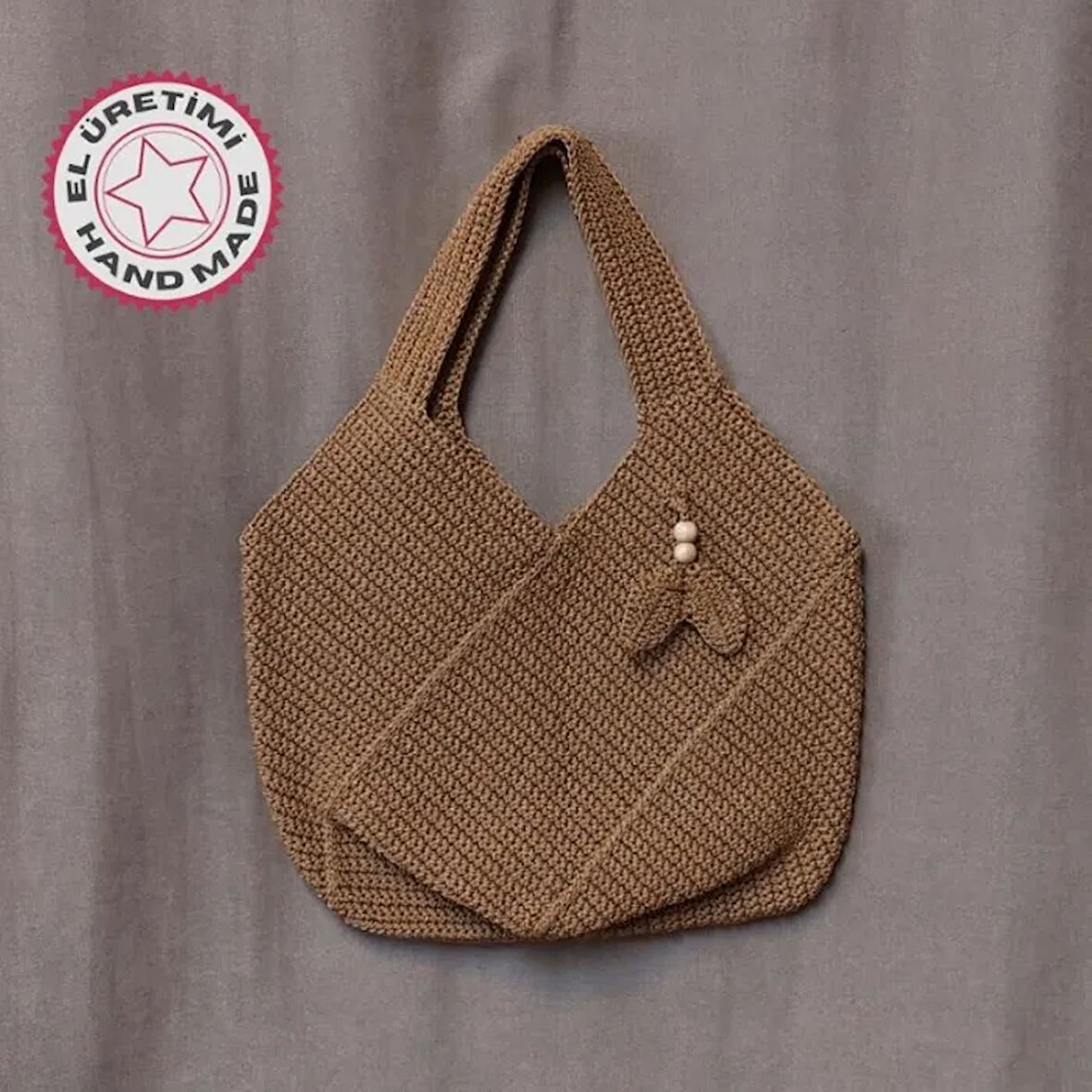 Uretti - Emine 9106 - 5065 El Örgüsü Ahşap Boncuk Detaylı Omuz Çantası - Açık Kahve