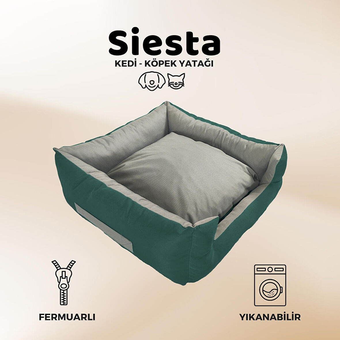 XPERMATE Siesta Kedi Yatağı Tüy Tutmaz Kumaş, Köpek Yatağı Su İtici Kumaş Fermuarlı, 55x60x23 Turkuaz Yeşili