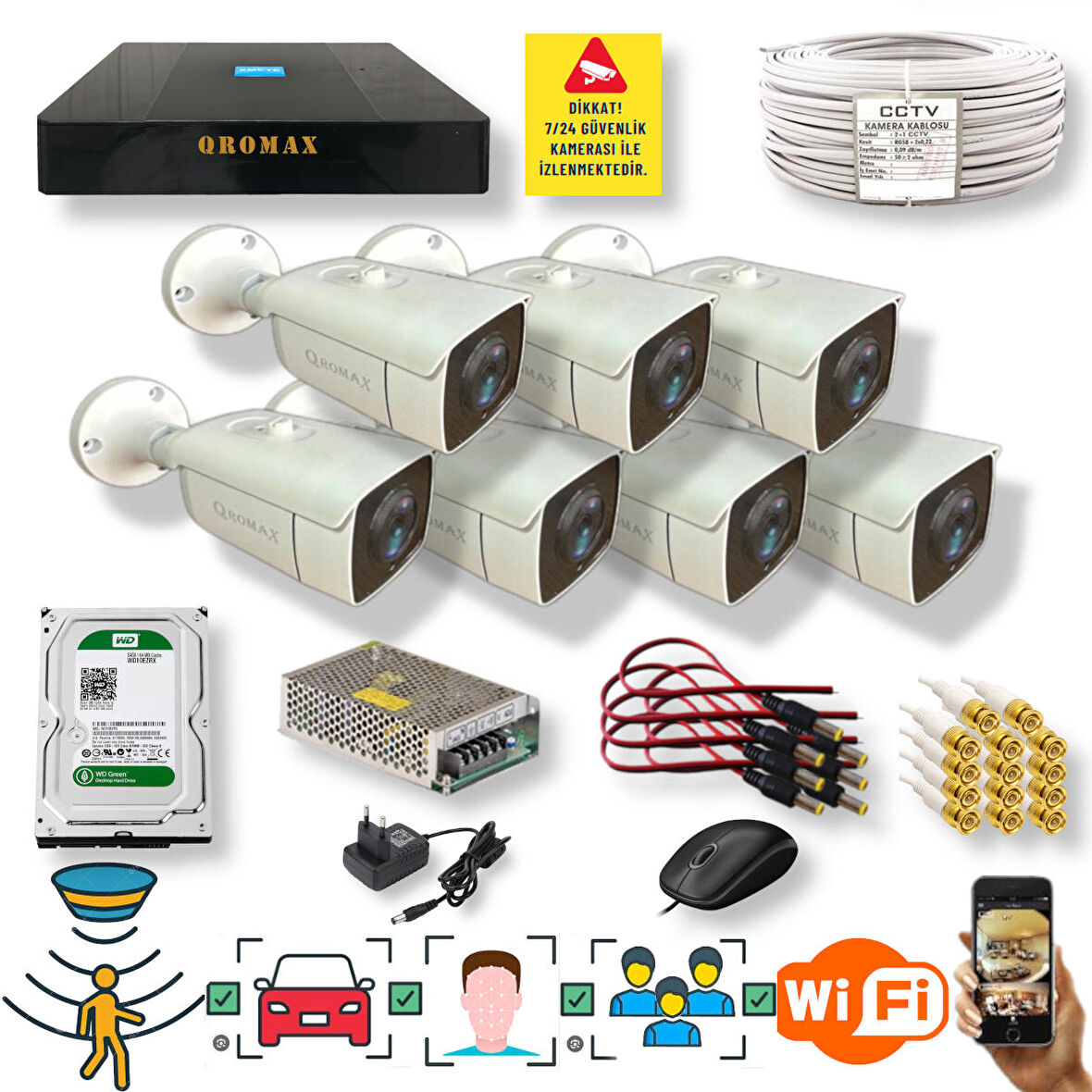 7 Kamerali Set - Araç İnsan Yüz Hareket Algılayan 24 Smd Led 5MP Sony Lensli 1080P Metal Kasa Güvenlik Kamerasi Seti 6224
