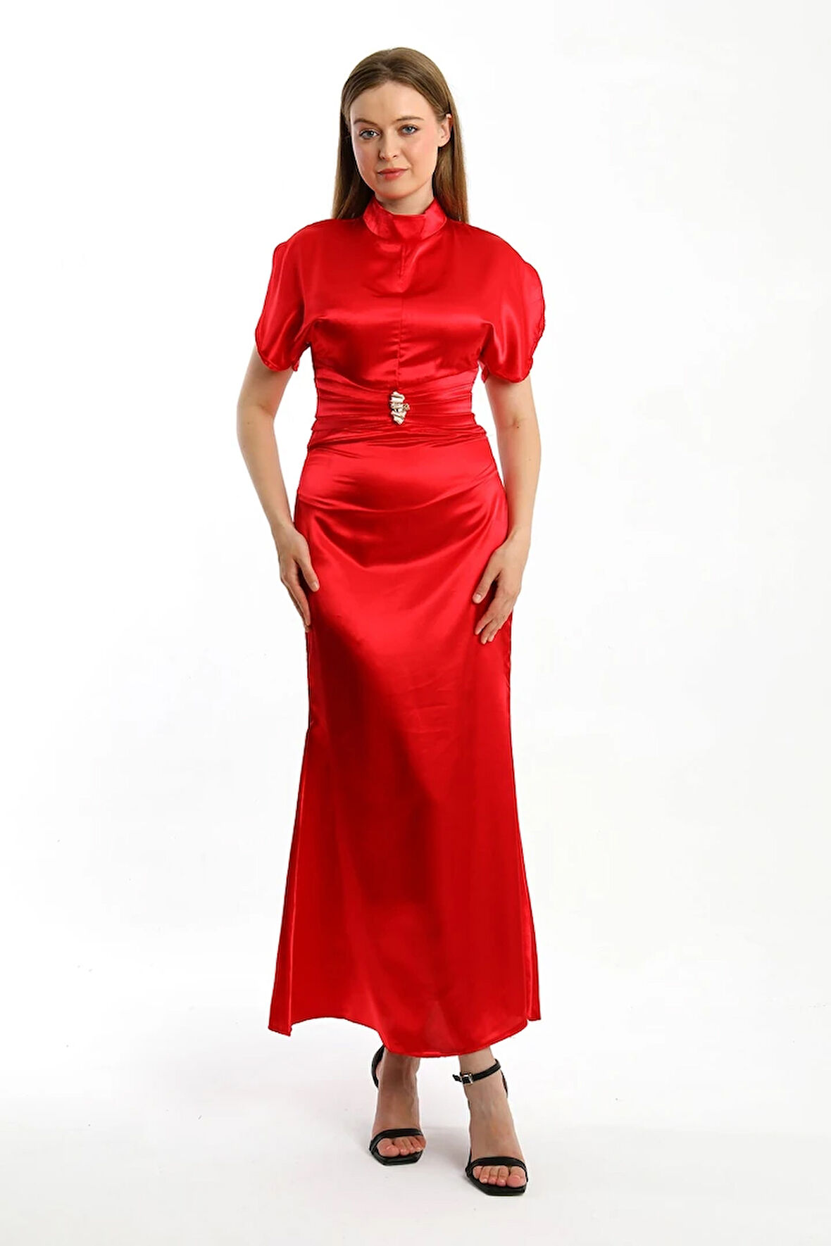 Zenera Uzun Saten Kumaş Elbise TNS-4334