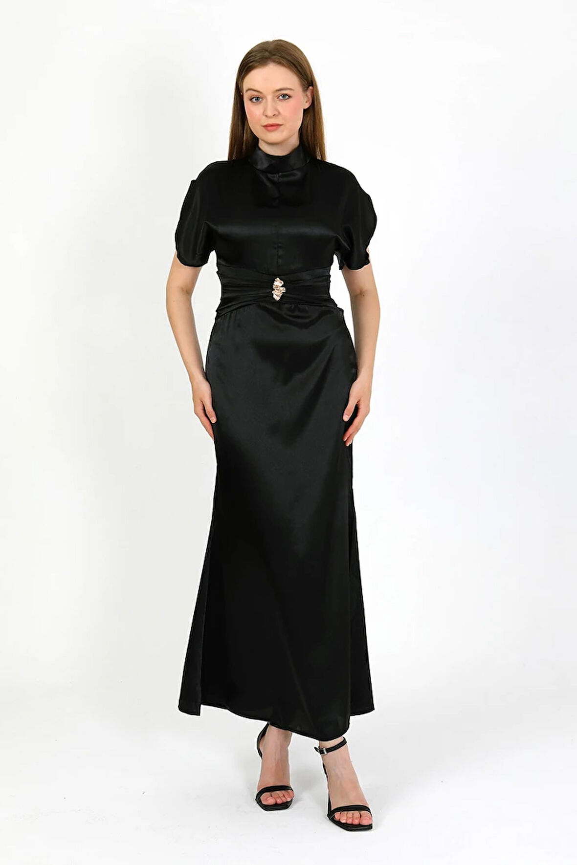 Zenera Uzun Saten Kumaş Elbise TNS-4334