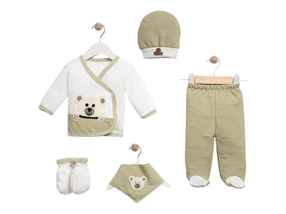 Unisex Organik Kumaş Panda Desenli 5'li Bebek Seti Hediyelik Zıbın Seti
