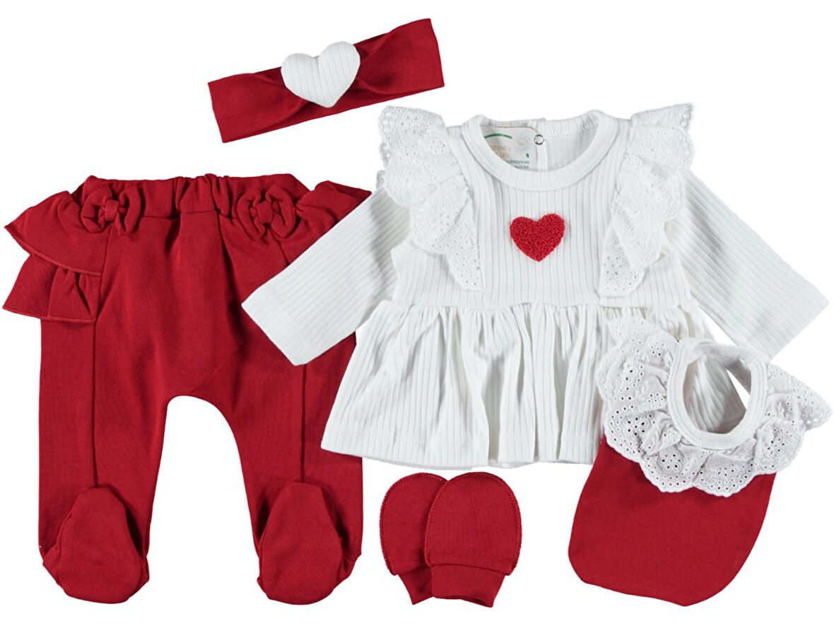 PAMUKLU KALP NAKIŞLI FIRFIRLI FİYONKLU 5Lİ ZIBIN SET ŞIK KIZ BEBEK TAKIM 1/3 AY HEDİYELİK