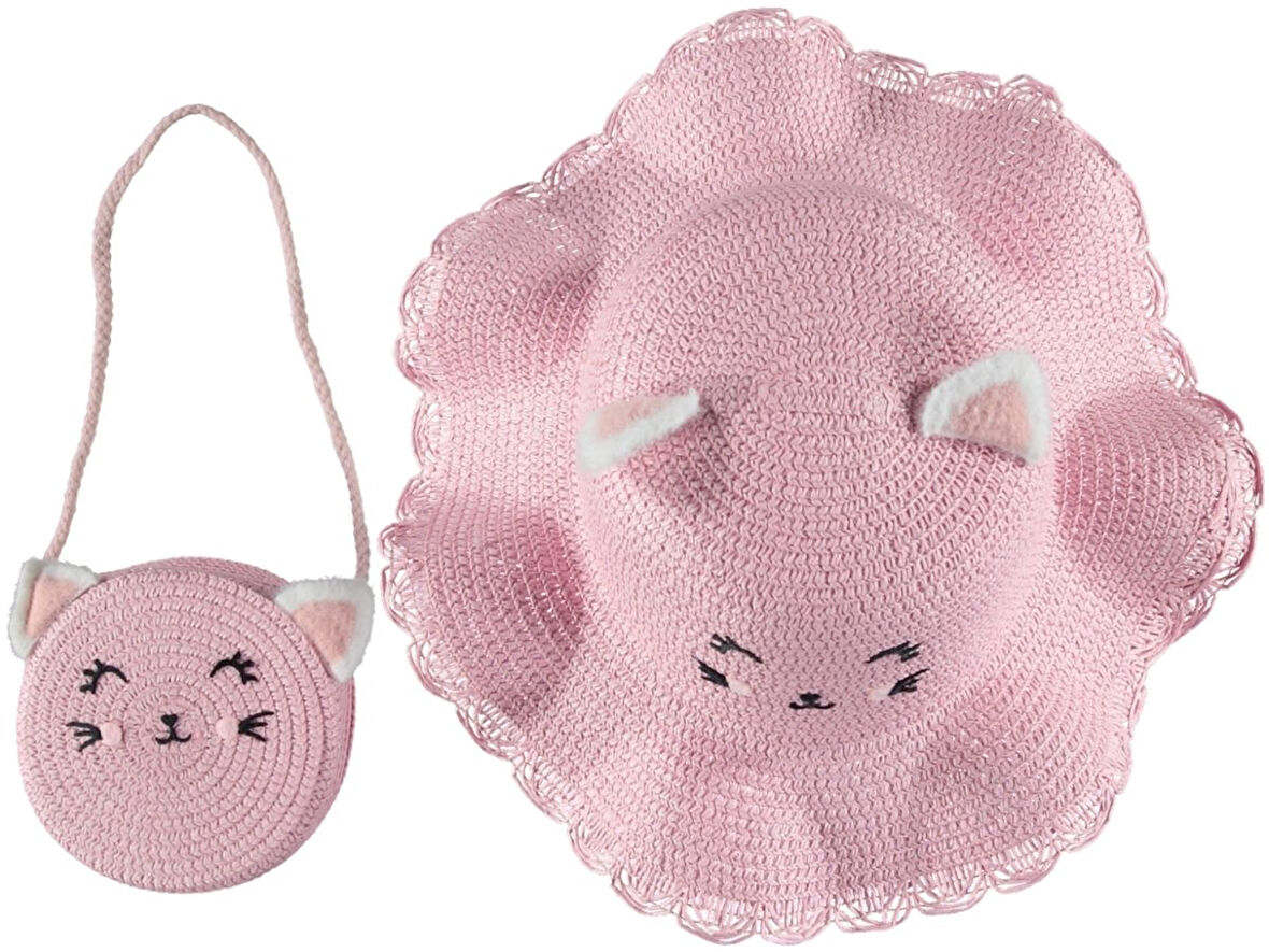 Premium Kız Çocuk Hasır Fötr Şapka Çanta Set The Cats Model 4/8 YAŞ