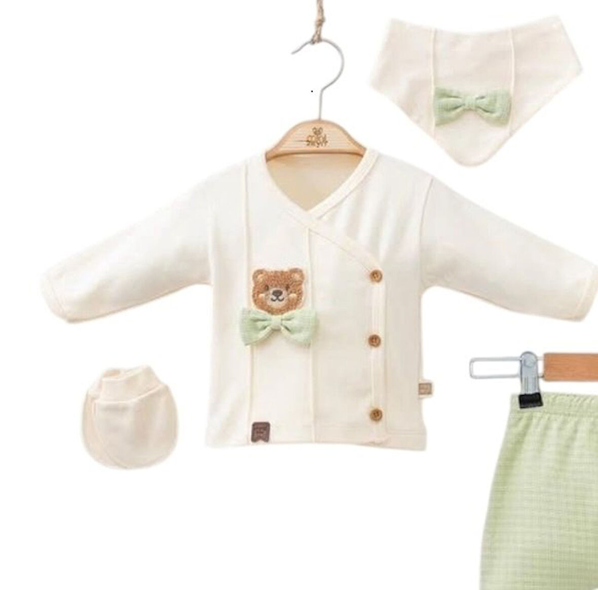 %100 Natural Pamuk Ayıcık Nakışlı 5’li Erkek Bebek Zıbın Takımı 1-3 Ay Yumuşak & Hediyelik Set