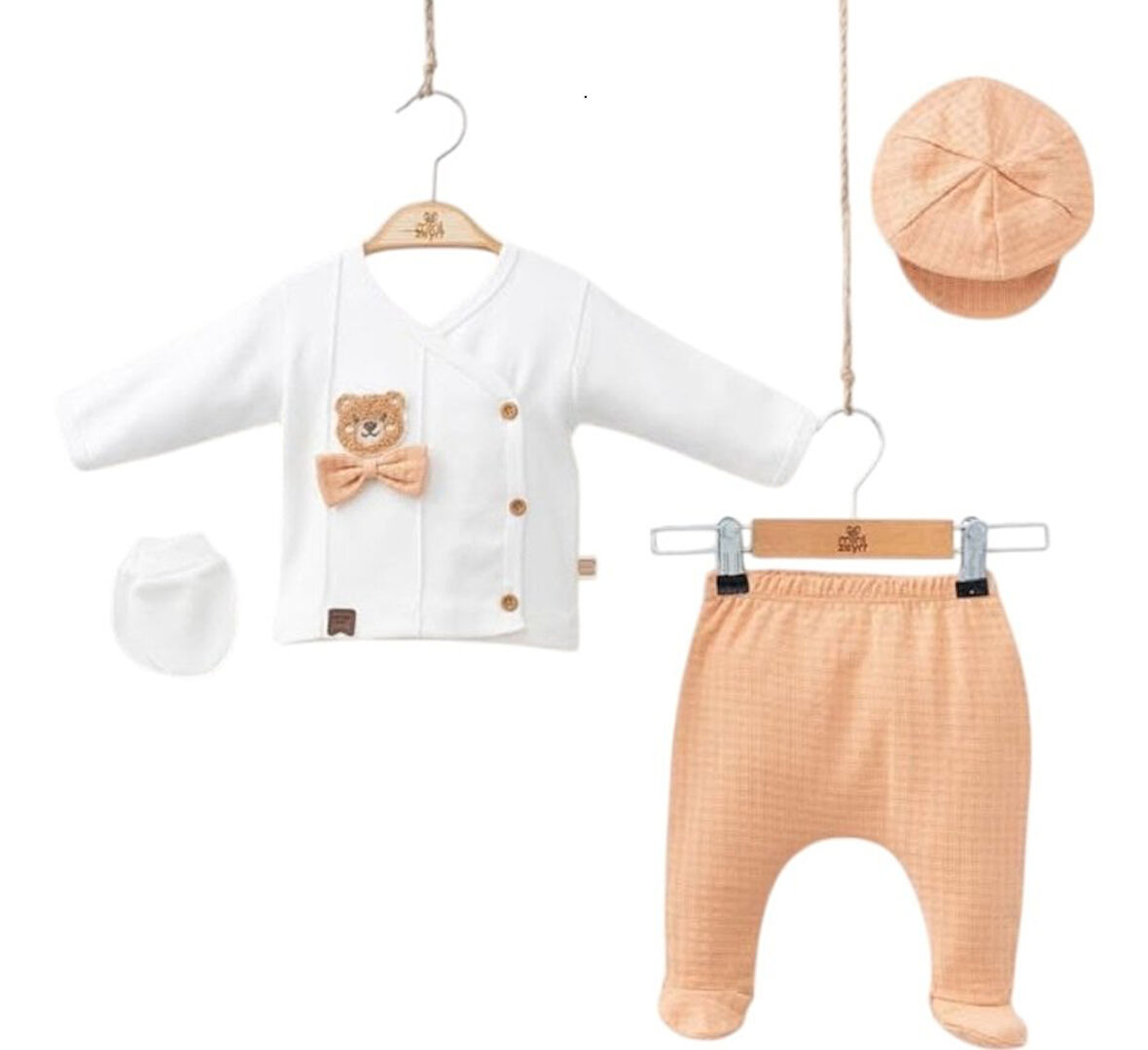%100 Natural Pamuk Ayıcık Nakışlı 5’li Erkek Bebek Zıbın Takımı 1-3 Ay Yumuşak & Hediyelik Set