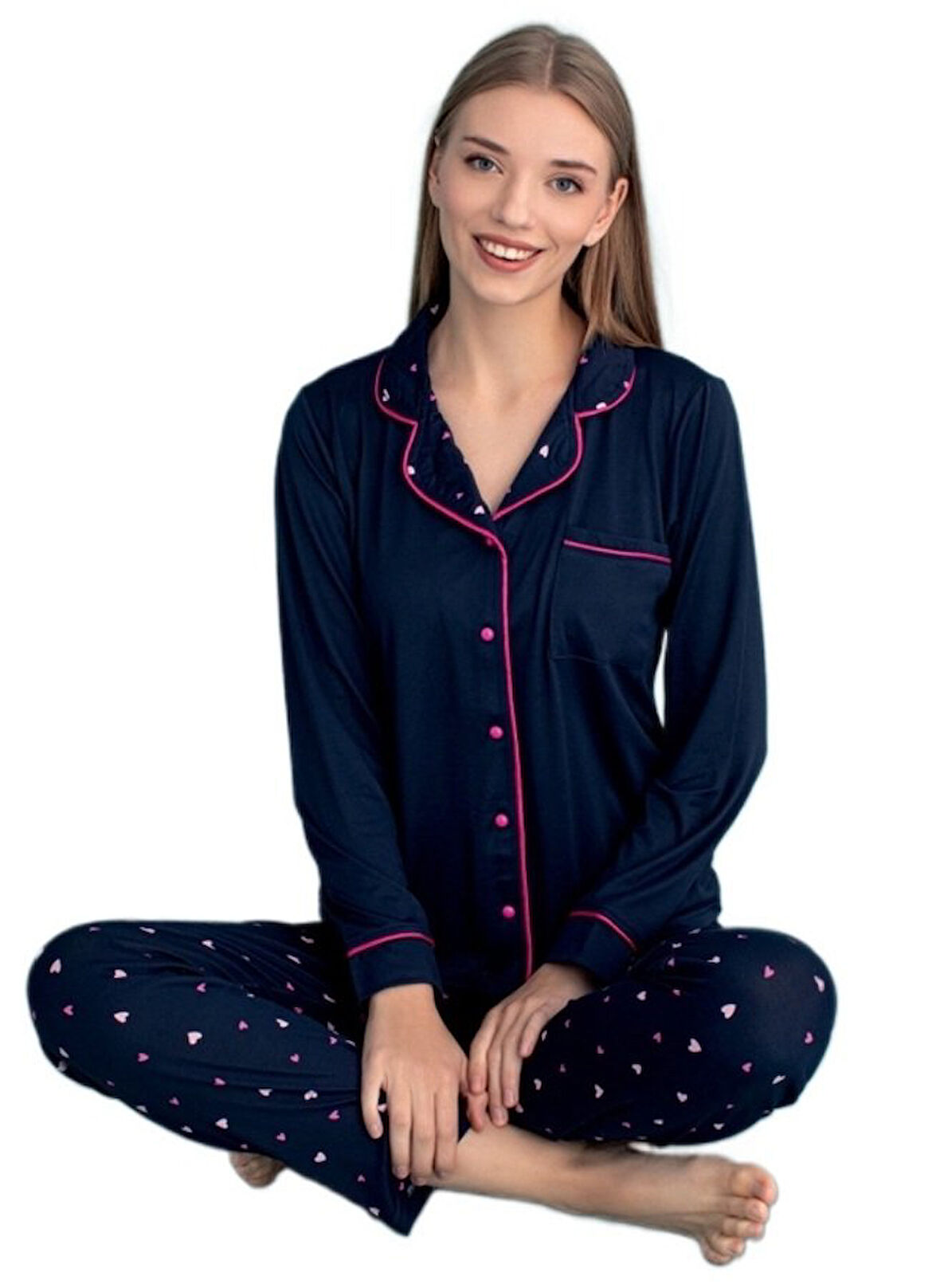 Sofia Notte Tasarım Uzun Kollu Düğmeli Kadın Pijama Takımı Ev Giyim Hediyelik