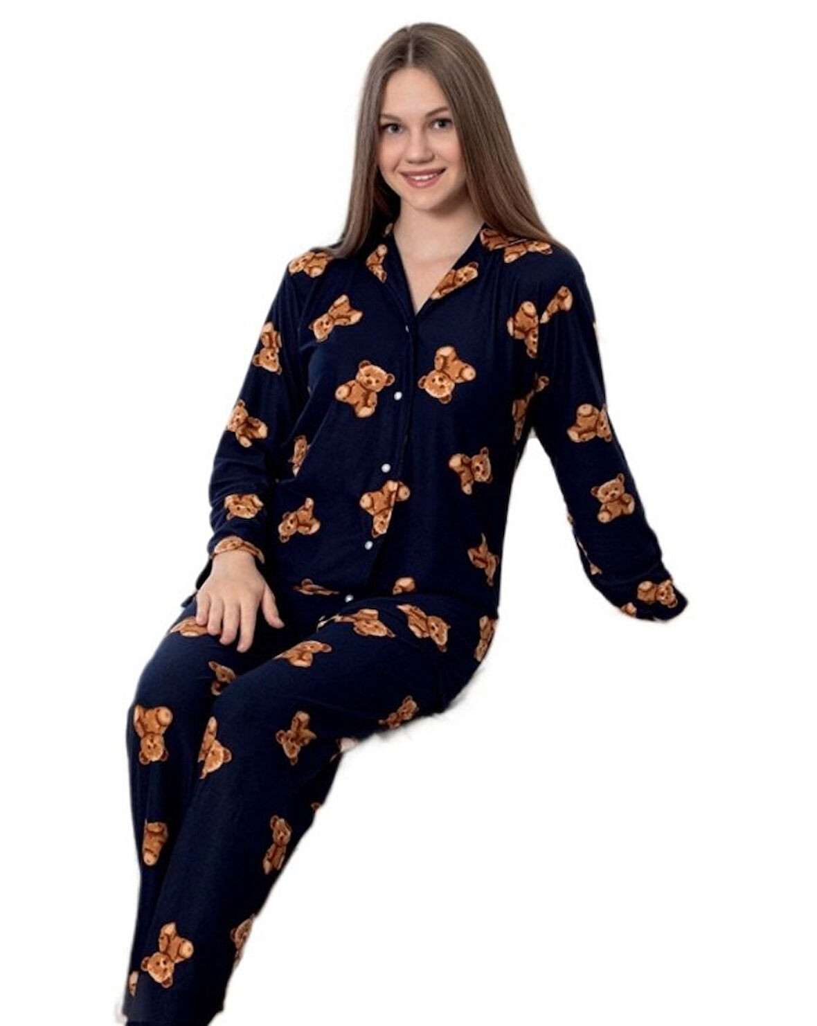 Bear Love Kışlık Süet Gömlek Yaka Kadın Pijama Takımı Yumuşak Ev Giyim