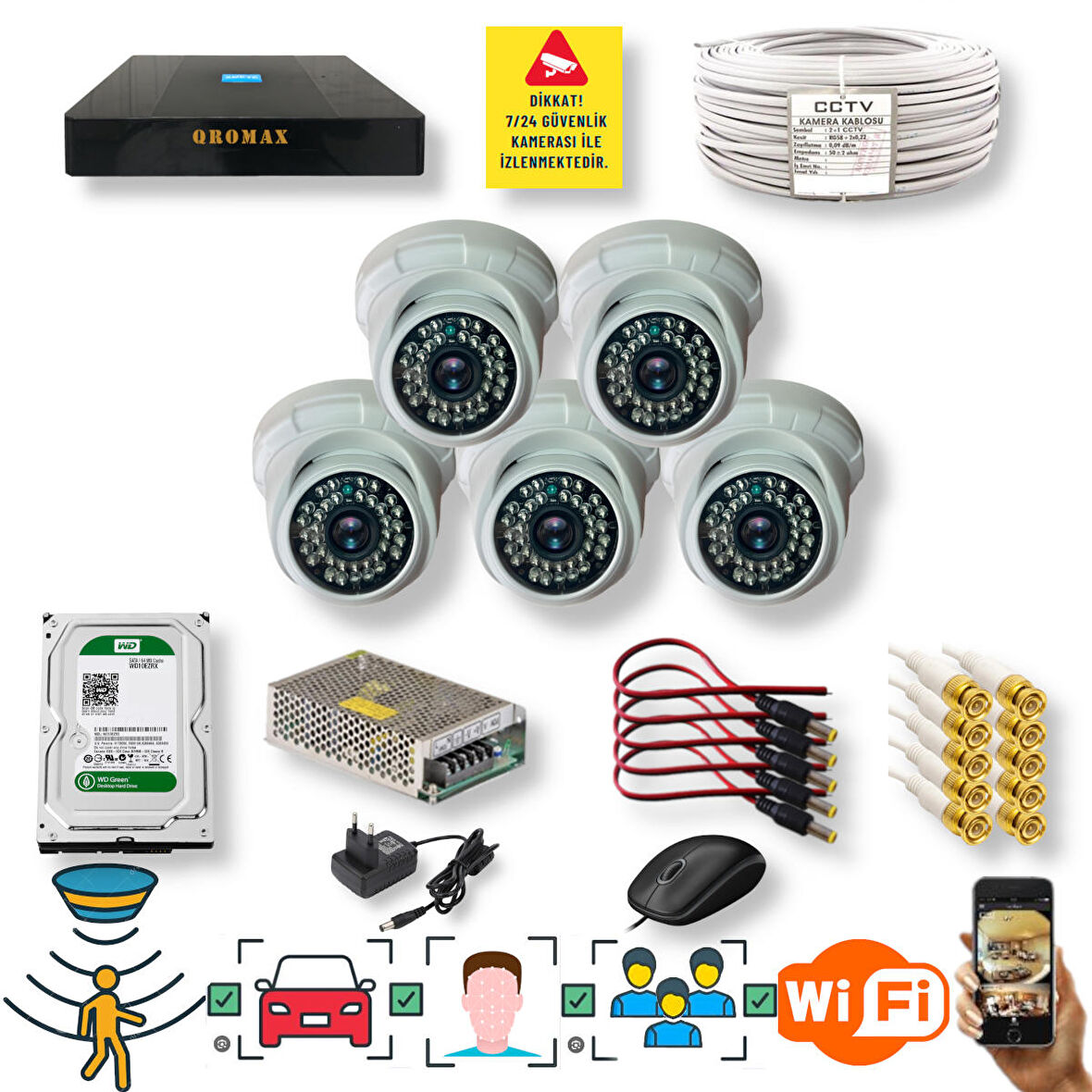 5 Kameralı Set - Araç İnsan Yüz Hareket Algılayan Gece Görüşlü 36 IR Led 5MP Sony Lensli 1080P Dome Güvenlik Kamerası Seti D136b