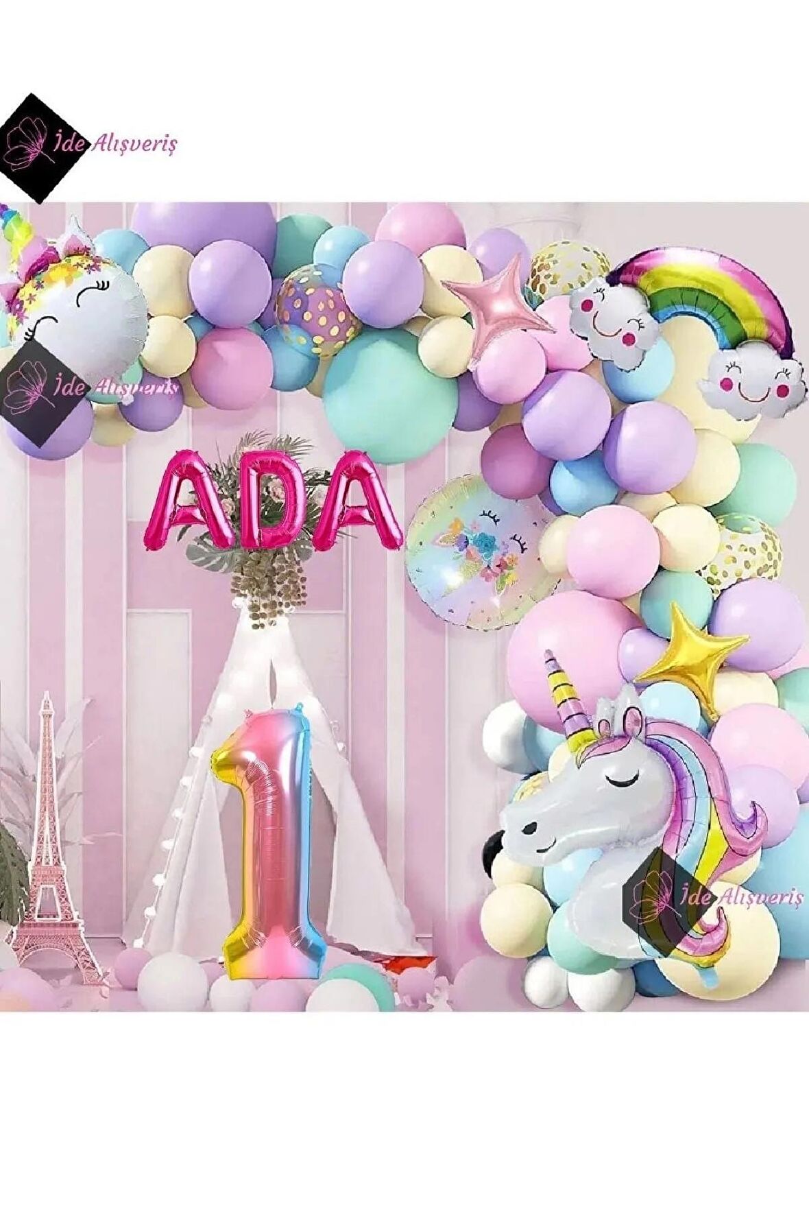 1 Yaş Ve 3 Harfli Gökkuşağı Konsepti Unicorn Temalı Makaron Balon Doğum Günü Parti Kutlama Seti