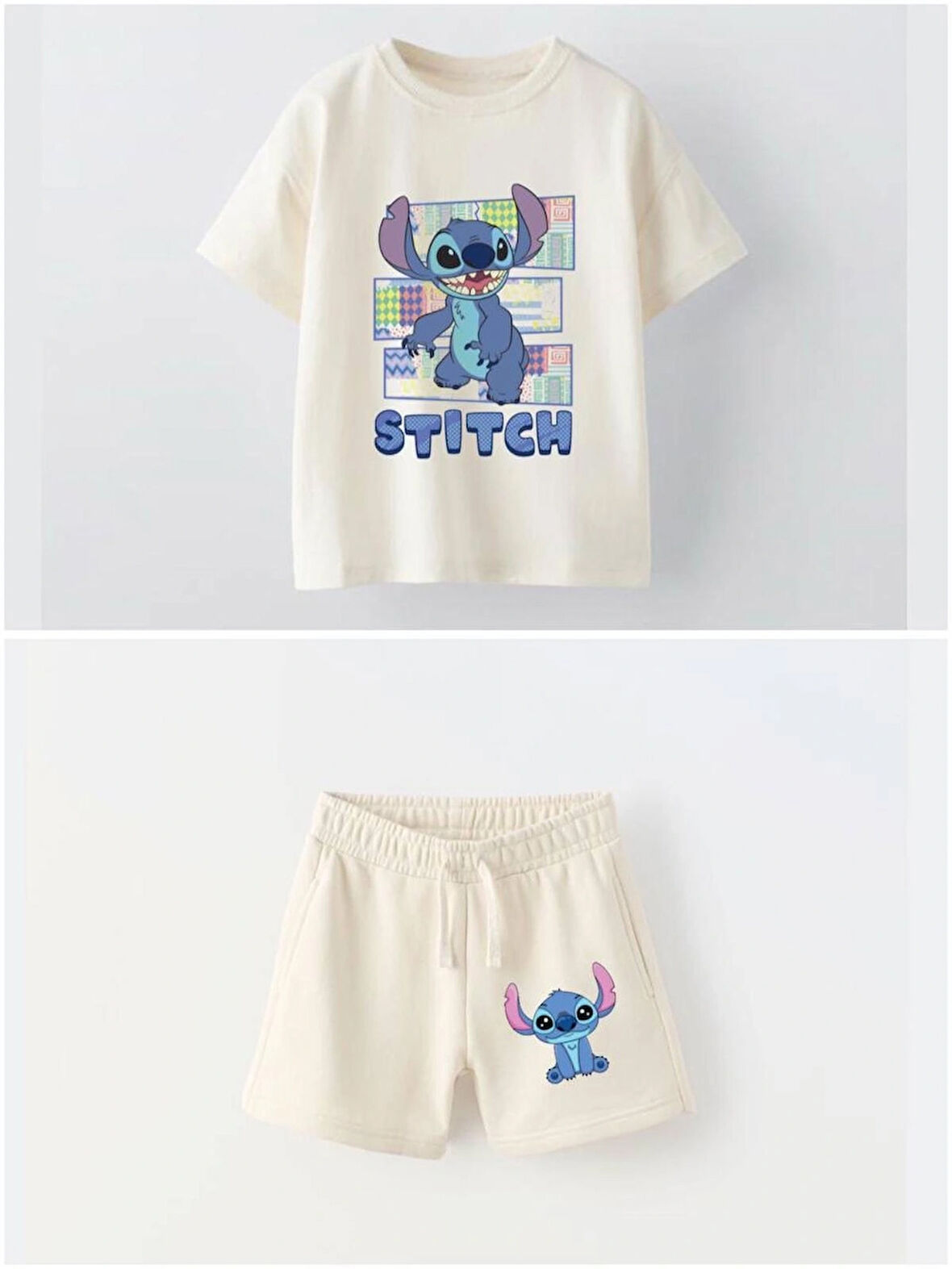 Erkek/Kız Çocuk Krem Renk Stitch Baskılı Kısa Kollu Tişört ve Şort Takımı - Yazlık Pamuklu Set (3-10 Yaş)