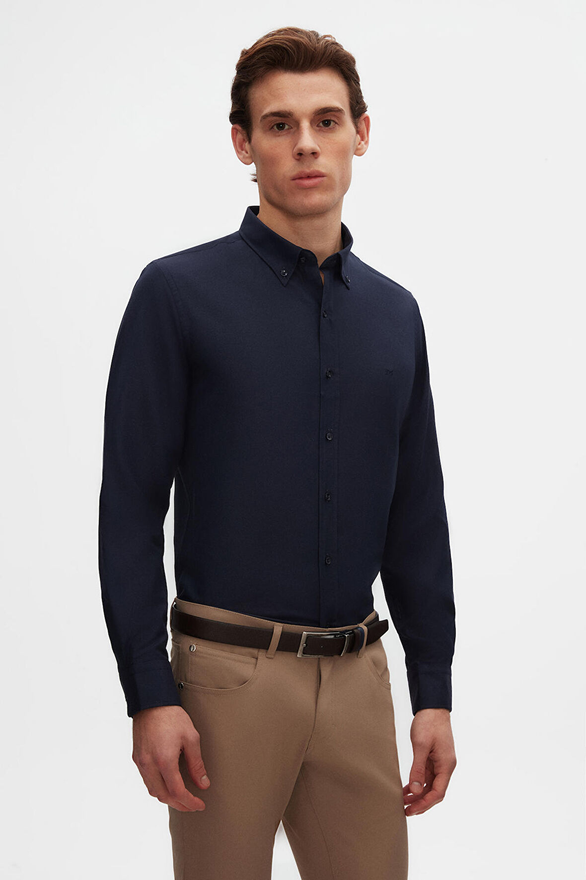 Ds Damat Slim Fit Lacivert Oxford Düğmeli Yaka Kolay Ütülenebilir Nakış Detaylı Pamuklu Gömlek 4HC02ORT03265 4HC02ORT03265