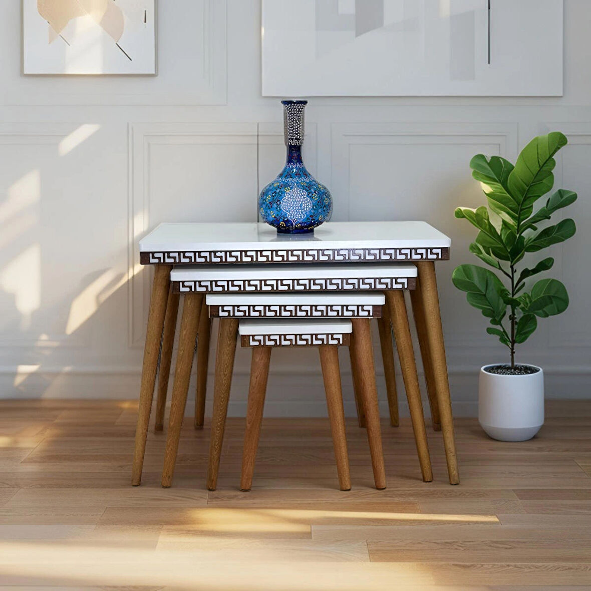 Evmob Evim Mobilya Lüks 1. Sınıf Mdf Oymalı 4’lü Zigon Sehpa Seti – Beyaz & Ceviz, Modern Tasarım