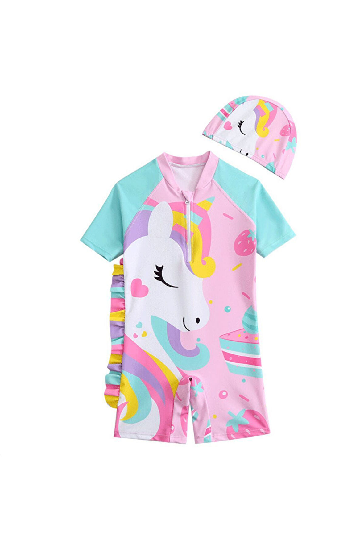 Unicorn Şeker Pembe Mint Kollu Pembe Upf50+ Kısa Kollu Şapkalı Kız Çocuk Mayo Set