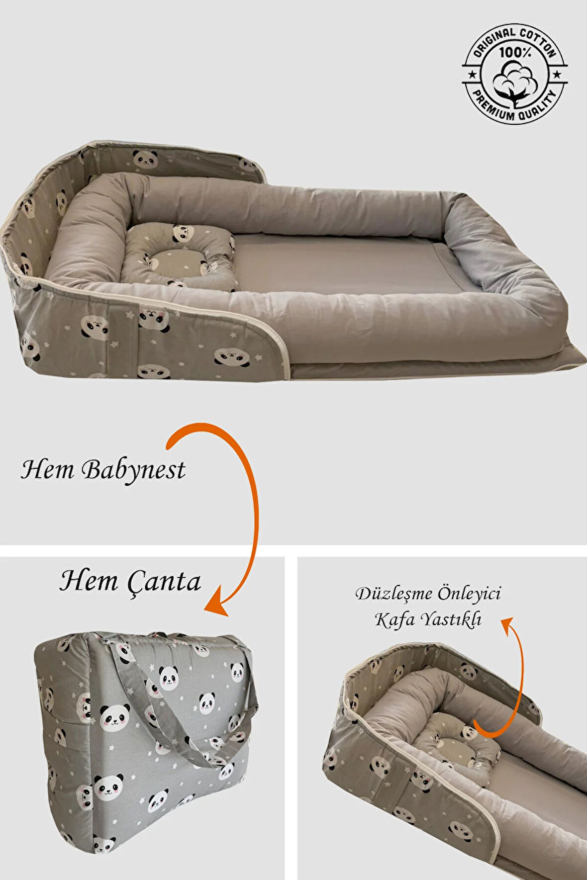 Babynest Gri Panda Anne Çantalı Babynest Bebek Yatağı Taşınabilir Yatak %100 Pamuklu Kumaş