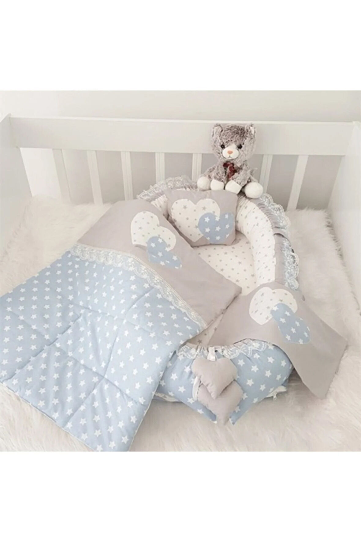 Nest Mavi Yıldızlı Lüx Jaju-babynest Anne Yanı Bebek Yatağı Set