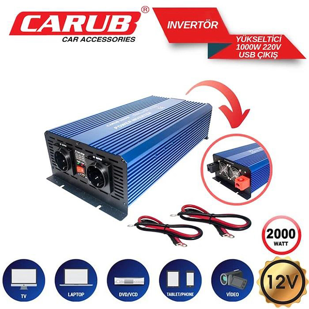 CARUB Invertör 12V 2000 watt  220V Yükseltic+ USB Çıkış