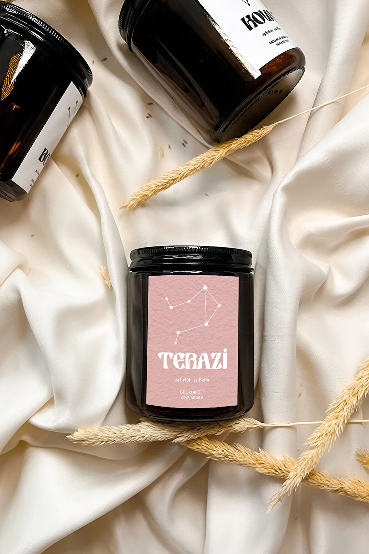 Terazi Burcu Gül Kokulu %100 Soya Mumu Amber Kavanoz Mum