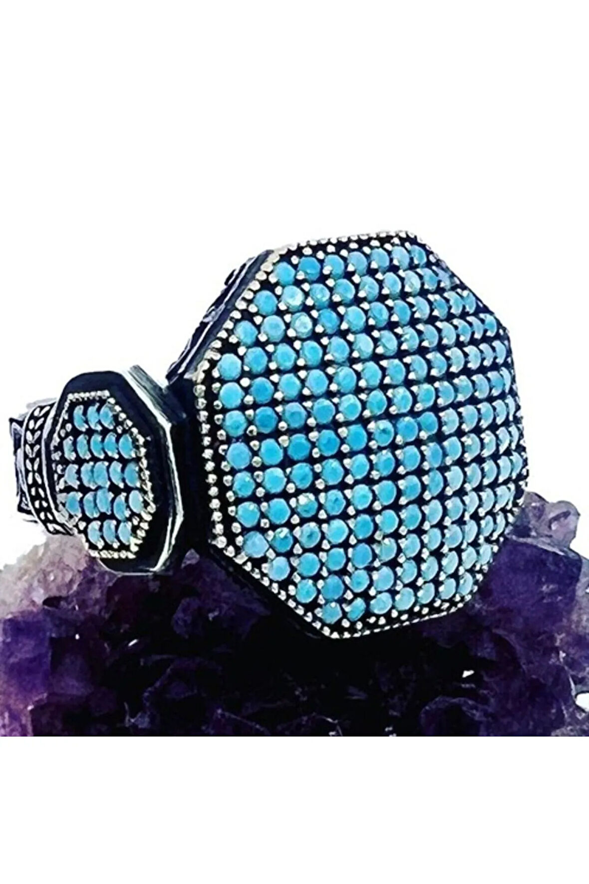 Erkek Gümüş Yüzük - Akron Turkuaz Zirkon Yanı Taşlı Özel Seri Erkek Gümüş Yüzük