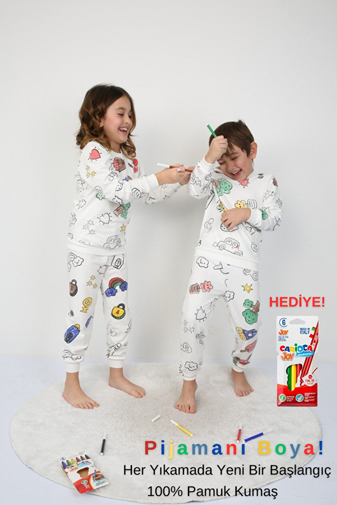 Boyanabilir Çocuk Pijama Takımı + Kalem I Renkli Rüyalar I Her Yıkamada Yeniden Tasarla