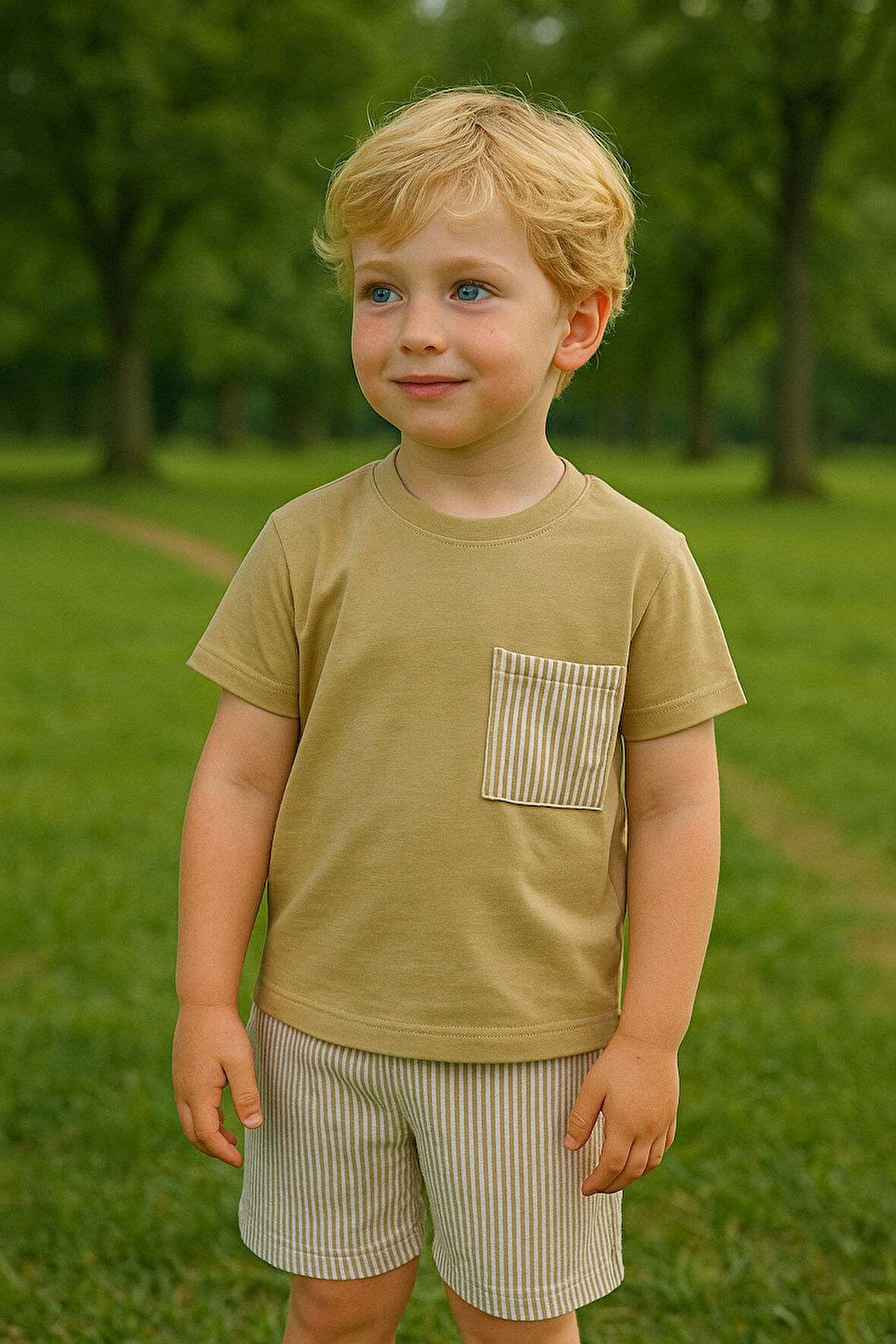 Erkek Çocuk Takım I Çocuk Yazlık Takım I  Tişört ve Çizgili Şort Kombini Cep Detayı I Çocuk Giyim