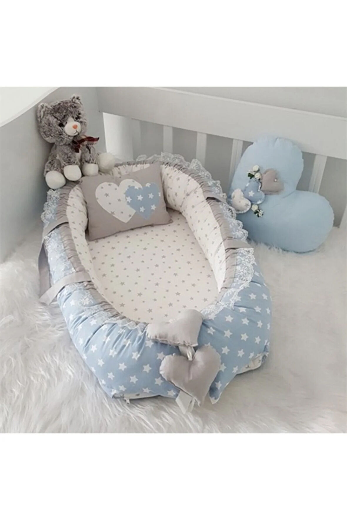 Nest Mavi Yıldızlı Jaju-babynest Anne Yanı Bebek Yatağı Set