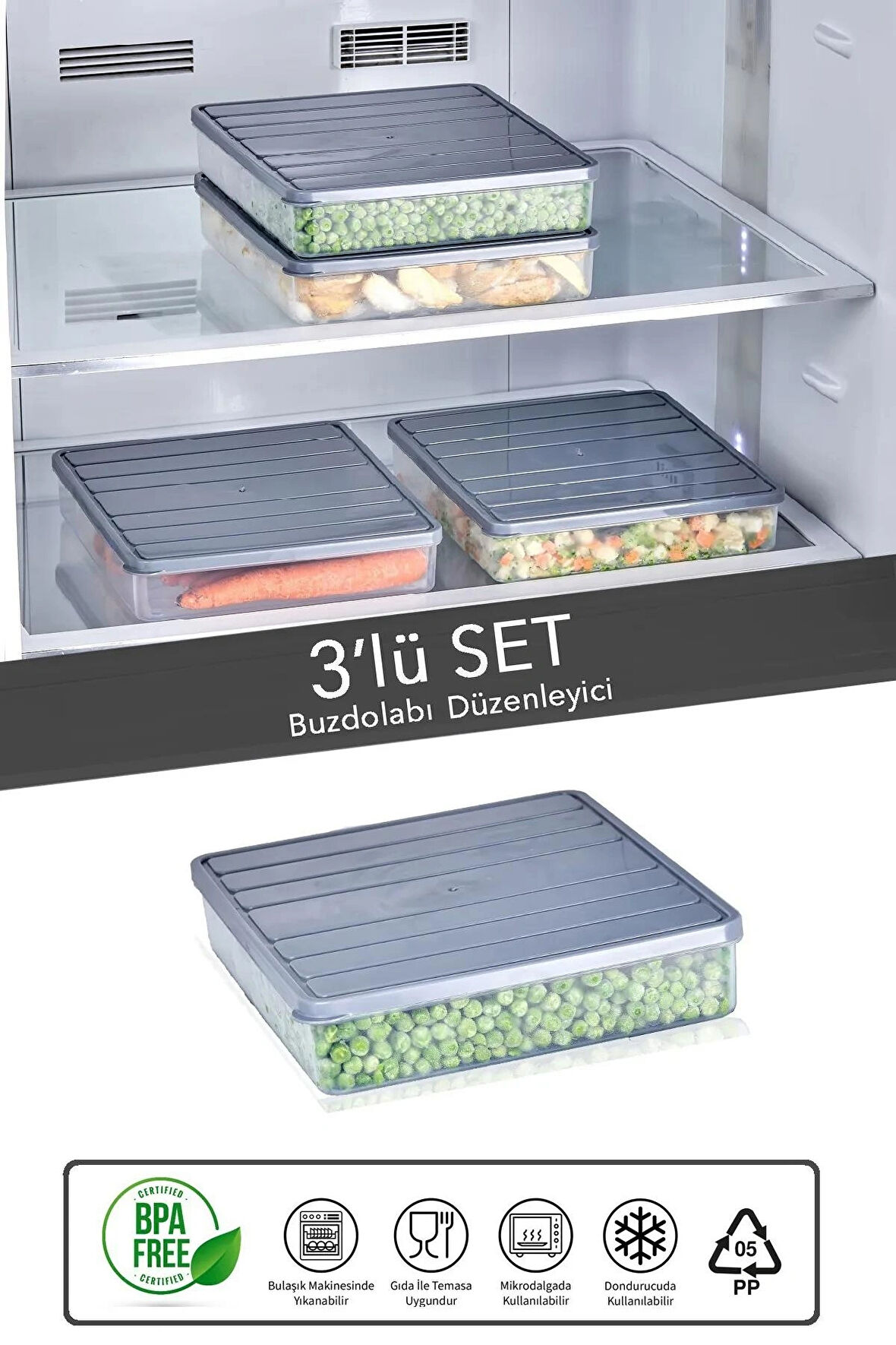 3'lü Buzdolabı Düzenleyici Organizer - Viola Difriz ve Mikrodalga Uyumlu Saklama Kabı Seti 3x2500 ml