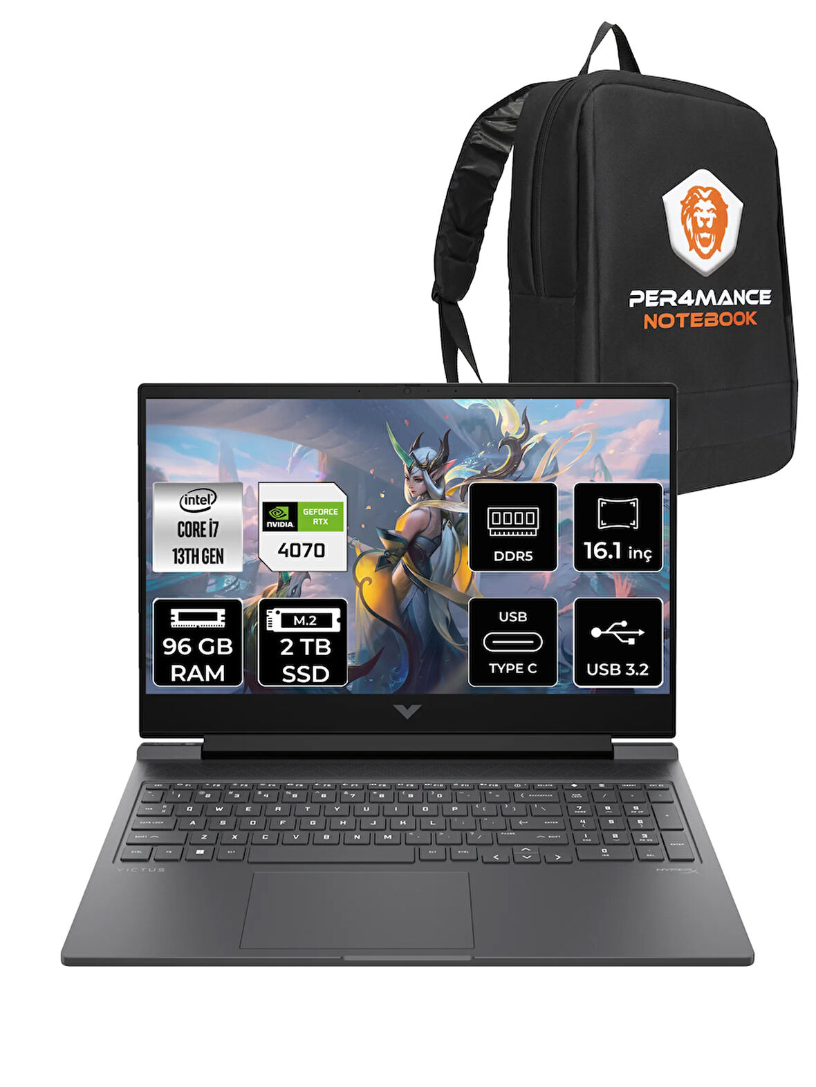 HP Victus 16 i7 13700H 96GB DDR5 2TB SSD RTX4070/8GB 144Hz 16.1'' FDOS Gaming Laptop & PER4 ÇANTA