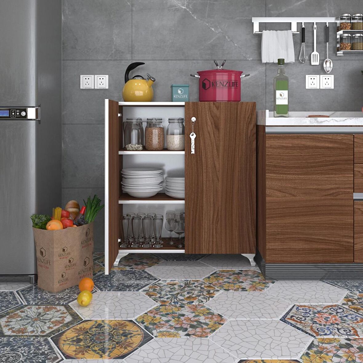 Kenzlife mutfak dolabı çilem 088*070*032 cvz kilitli ayaklı banyo evrak ofis kitaplık ayakkabılık kiler