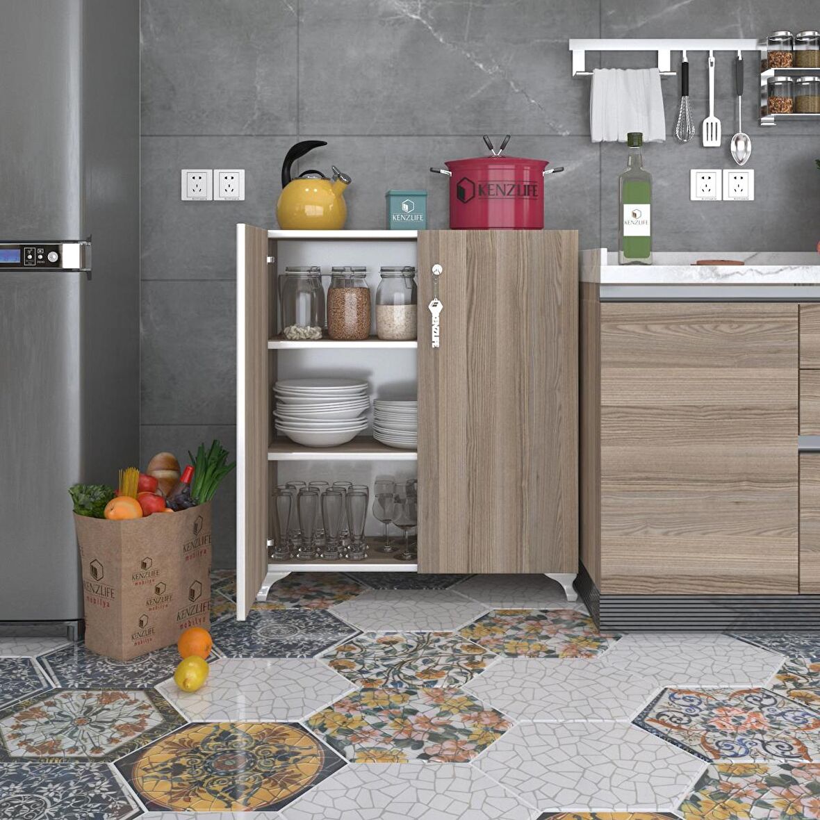 Kenzlife mutfak dolabı çilem 088*070*032 crd kilitli ayaklı banyo evrak ofis kitaplık ayakkabılık kiler