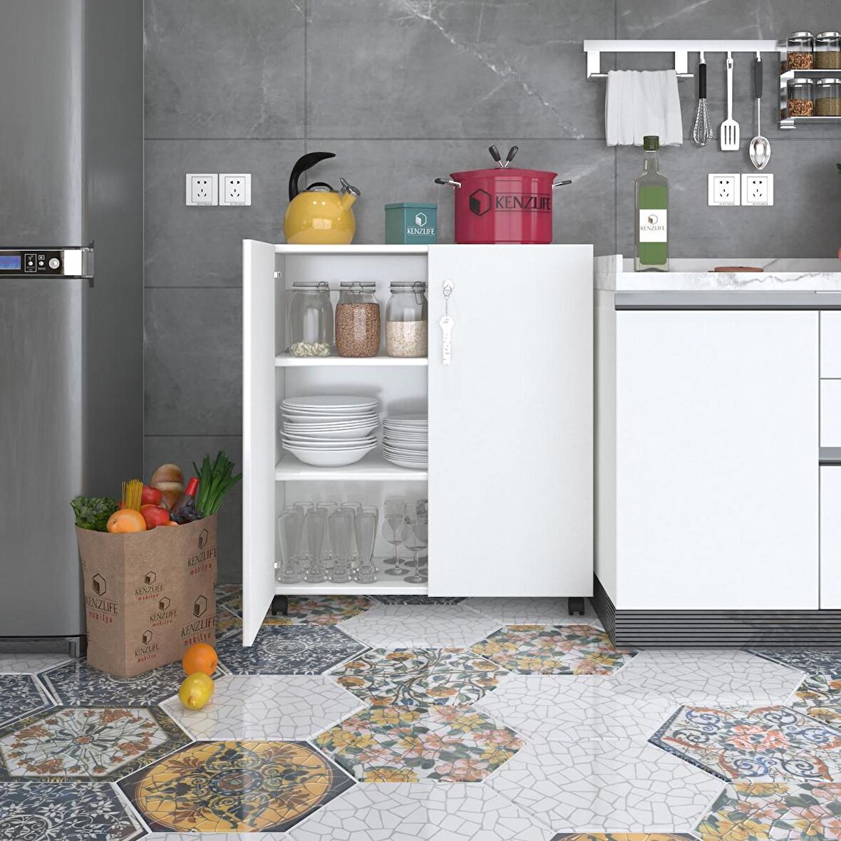 Kenzlife mutfak dolabı çilem 088*070*032 byz kilitli tekerlekli banyo evrak ofis kitaplık ayakkabılık kiler