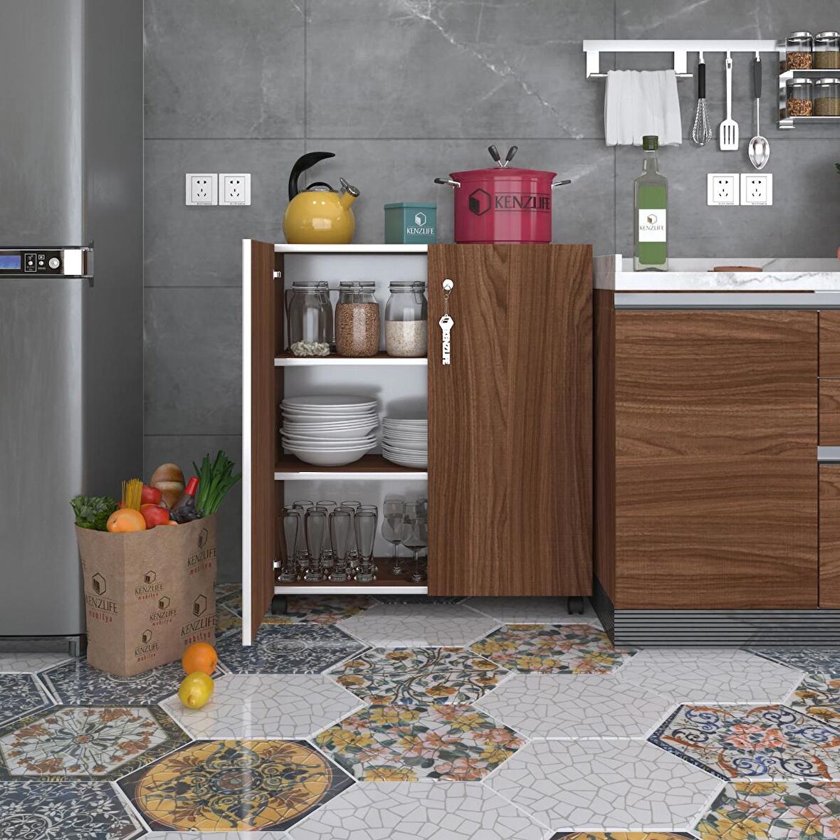 Kenzlife mutfak dolabı çilem 088*070*032 cvz kilitli tekerlekli banyo evrak ofis kitaplık ayakkabılık kiler