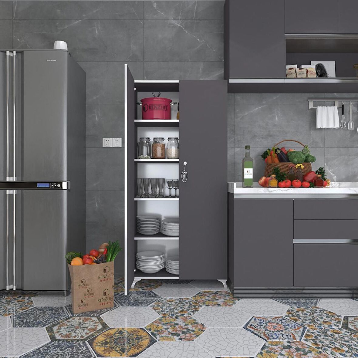 Kenzlife mutfak dolabı çilem 188*070*032 gri kilitli ayaklı banyo evrak ofis kitaplık ayakkabılık kiler