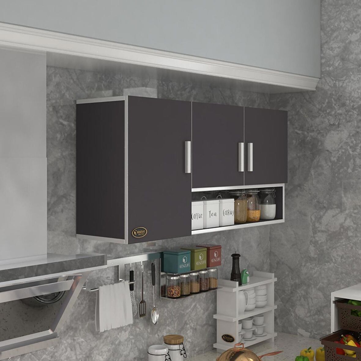 Kenzlife hazır mutfak mirandus22 gri 060*120*22 mutfak banyo dolabı kapaklı raflı