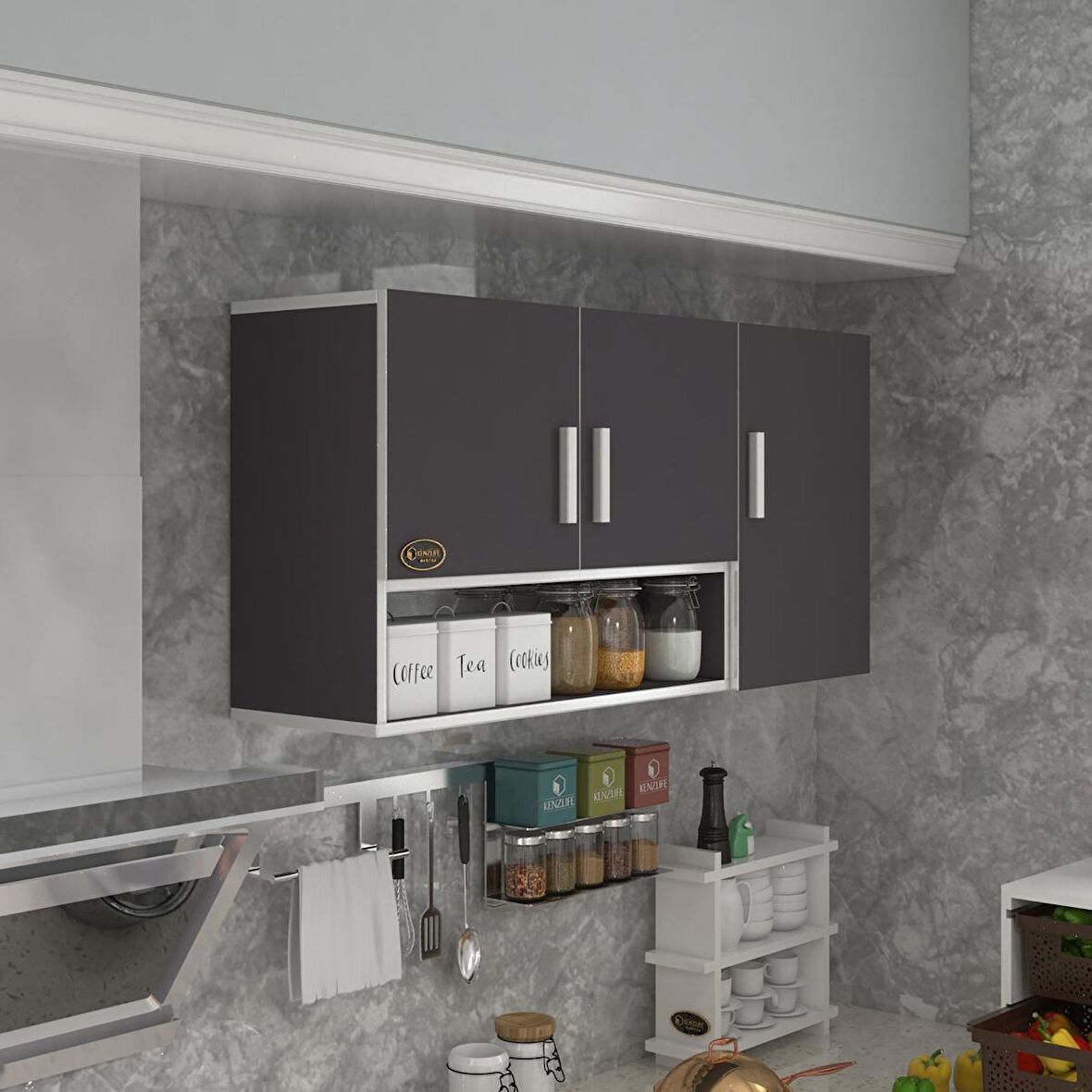 Kenzlife hazır mutfak mirena22 gri 060*120*22 mutfak banyo dolabı kapaklı raflı
