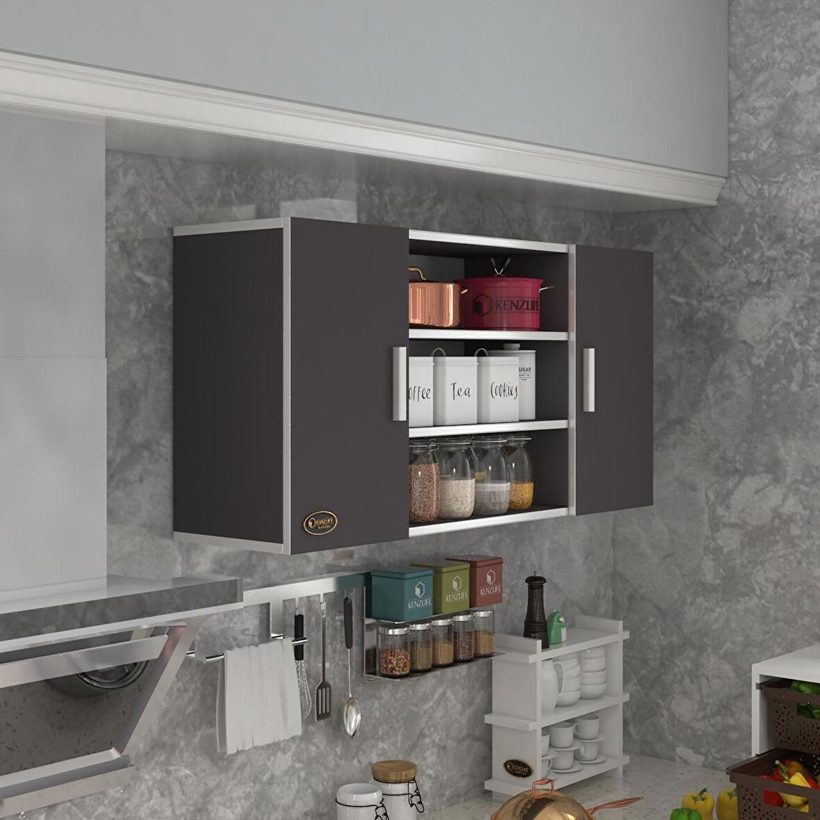 Kenzlife hazır mutfak honnor22 gri 060*120*22 mutfak banyo dolabı kapaklı raflı
