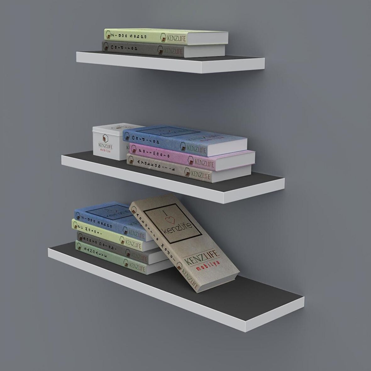 Kenzlife kitaplık nadire 000*050-040-030*20 gri duvar rafı 