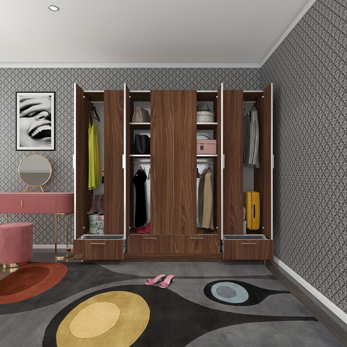 Kenzlife gardırop 8 kapılı 4 çekmeceli zambak 182*200*42 cvz kapaklı gardolap dolap
