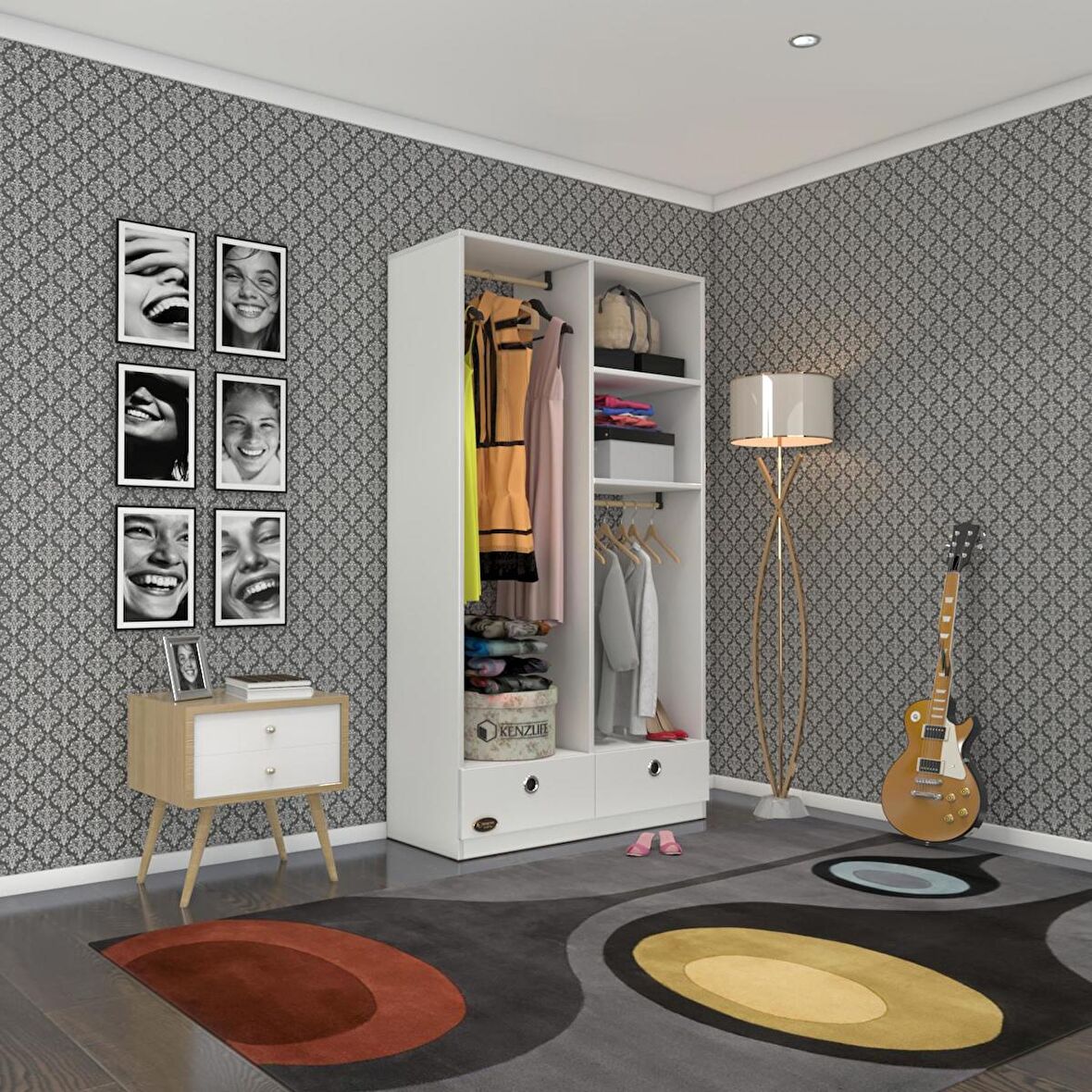 Kenzlife giysi dolabı 2 bölmeli 2 çekmeceli bedri 182*100*42 byz dolap kapaksız
