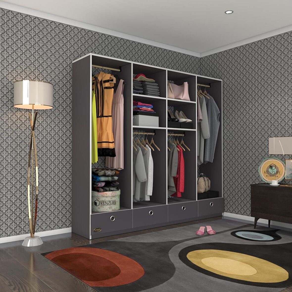 Kenzlife giysi dolabı 4 bölmeli 4 çekmeceli kamil 182*200*42 gri dolap kapaksız