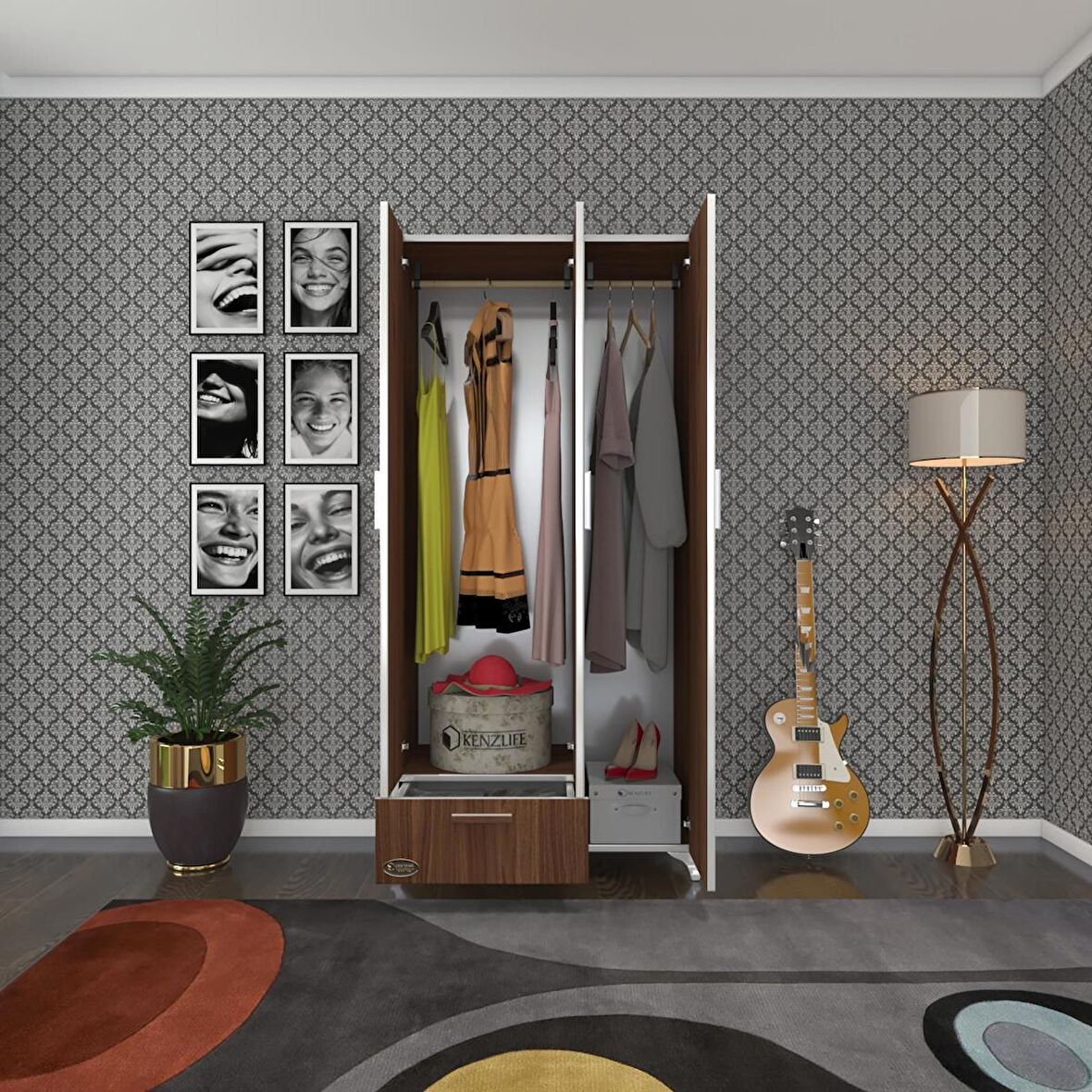 Kenzlife gardırop 3 kapaklı kapılı çekmeceli yasemin 168*80*42 cvz ayaklı gardolap dolap