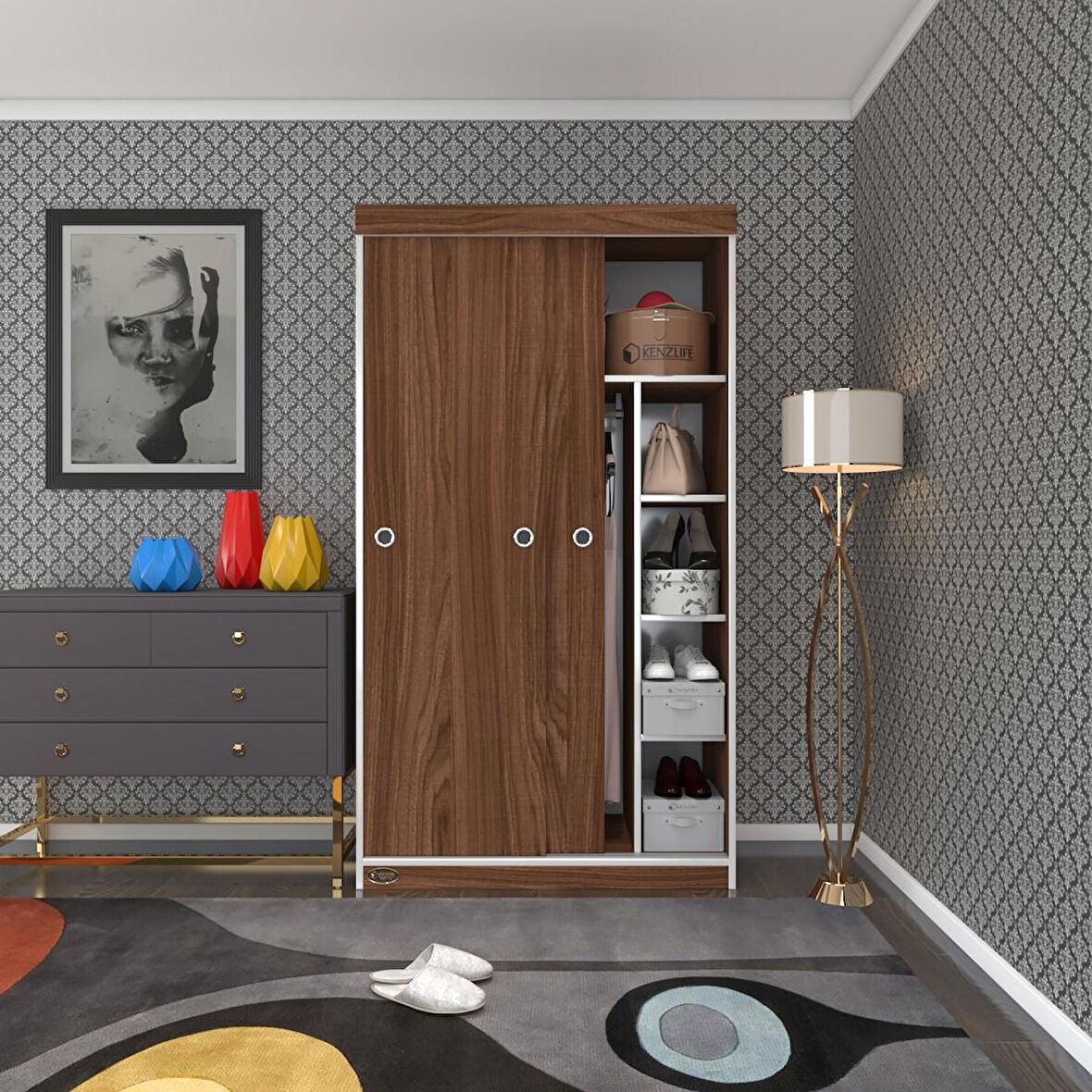Kenzlife gardırop sürgülü kapaklı kapılı 100 papatya cvz gardolap dolap