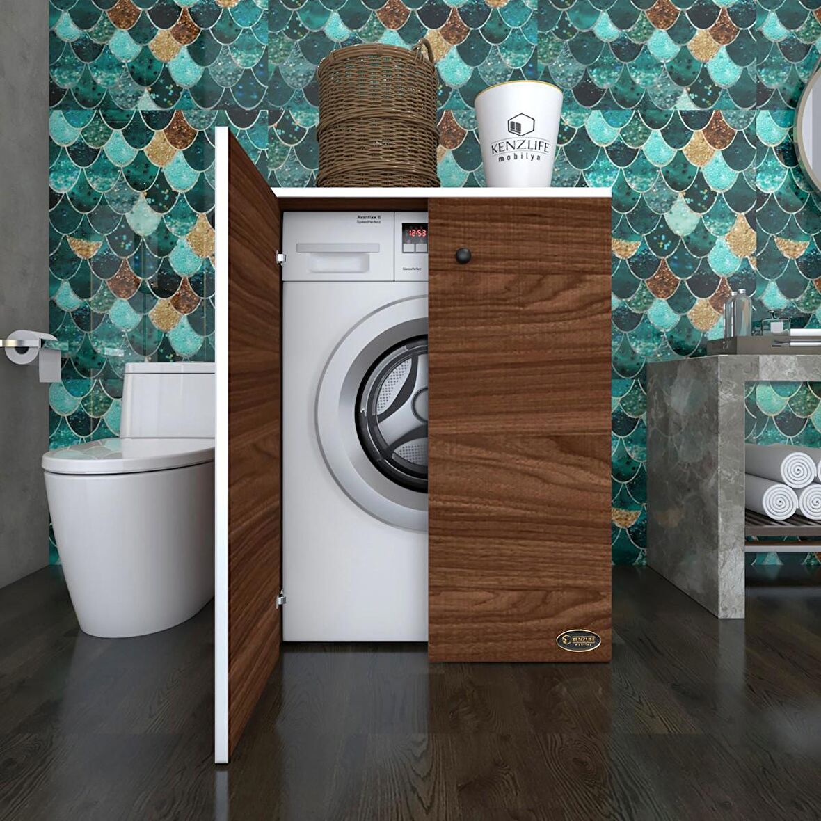 Kenzlife çamaşır makinesi dolabı kapaklı tatyana cvz 90*70*60 banyo ofis kapaklı arkalıksız