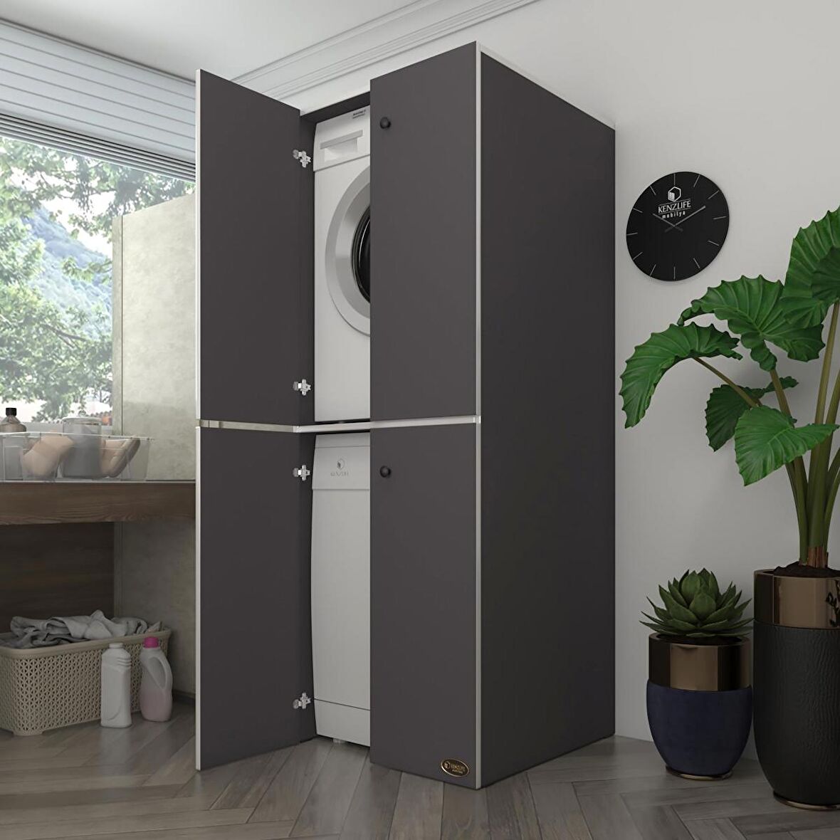 Kenzlife çamaşır-bulaşık makinesi dolabı kapaklı roksana gri 180*70*60 banyo çift katlı arkalıksız