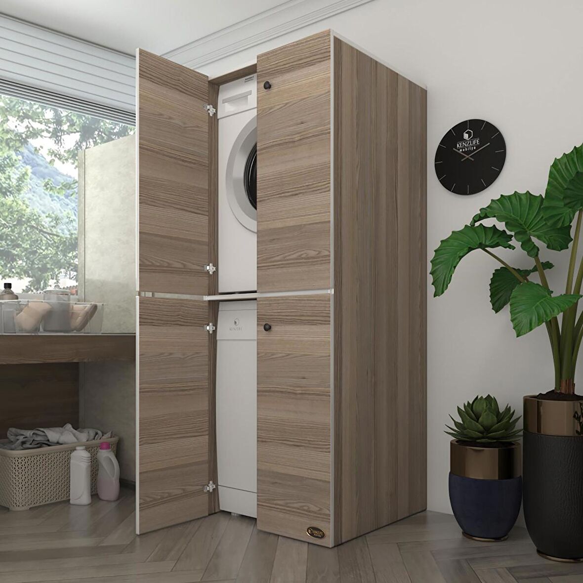 Kenzlife çamaşır-bulaşık makinesi dolabı kapaklı roksana crd 180*70*60 banyo çift katlı arkalıksız