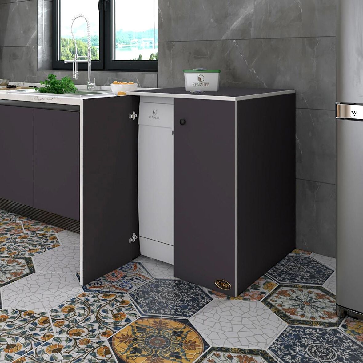 Kenzlife bulaşık&çamaşır&kurutma makinesi dolabı kapaklı nurten gri 90*70*60 banyo ofis