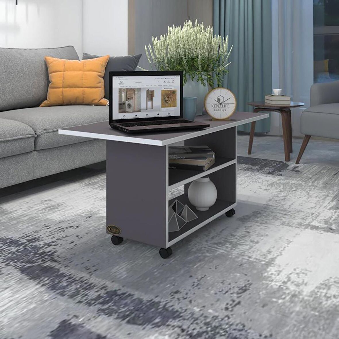 Kenzlife orta salon sehpası atina gri 075*090*50 tekerlekli yemek masası