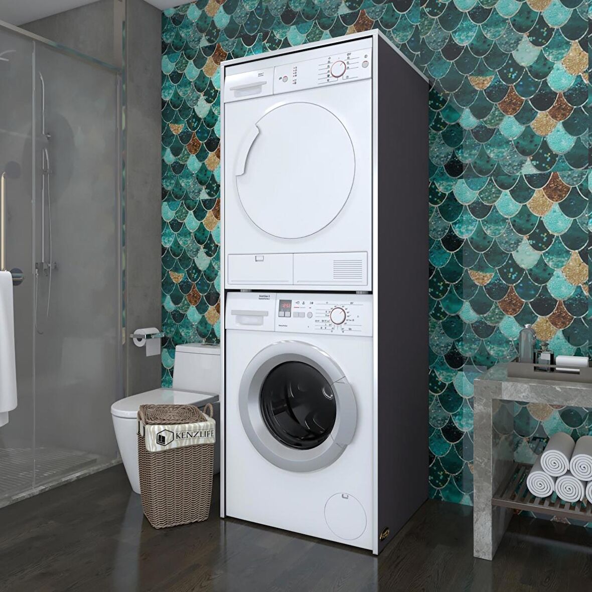 Kenzlife çamaşır-kurutma makinesi dolabı zakhar gri 180*70*60 banyo kapaksız arkalıksız