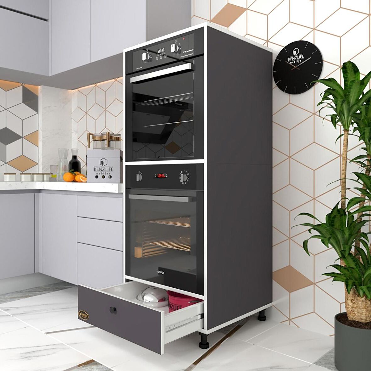 Kenzlife fırın dolabı naime gri 145*60*56 mutfak çekmeceli ayaklı banyo kiler ofis