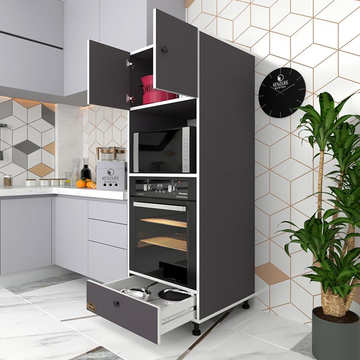Kenzlife fırın dolabı kamile gri 162*60*56 mutfak çekmeceli ayaklı banyo kiler ofis